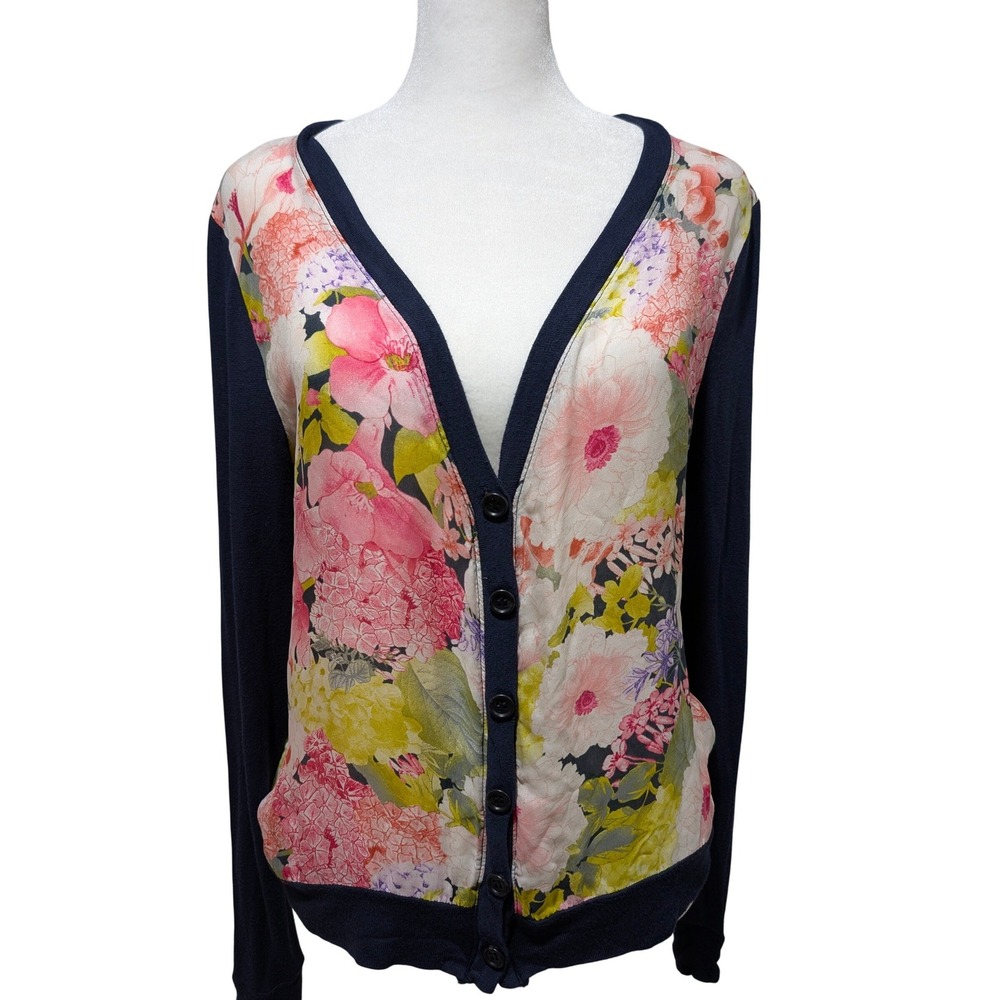Three‎ Dots Navy Blue Floral Silk Front Knit Cardigan Sweater Large Cottagecore